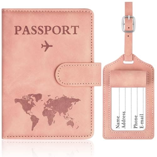 Image of OFFCUP Passport Holder Cover, PU Leather Passport Cover and Luggage Tag Set with RFID Blocking Travel Wallet, Universal Travel Wallet Case Organiser for Money, Boarding Passes, Credit Cards Pink