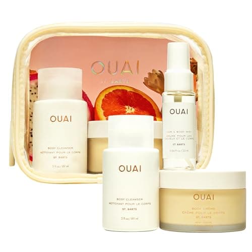 Image of OUAI Wanna Get A-OUAI Kit – Limited Edition Travel Set with Cleanser, Body Crème & Hair & Body Mist – St. Barts Scent – Hydrating & Nourishing – 3-Piece Gift Set