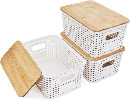 Image of APOMOONS 3 Pack Storage Box with Bamboo Lid Bathroom 5L Basket Plastic Box White 25x18x10cm Lidded Stacking Boxes Bathroom Kitchen Storage Boxes Rattan Organiser Box for Shelf Cabinets Cabinet