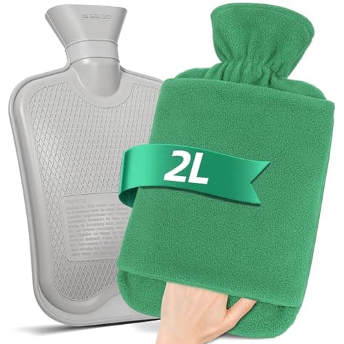 Image of MUPAS Hot Water Bottle with Fleece Cover - 2L Large Leakproof Hot Water Bag - Soft Hot Water Bottle with Hand Pocket - for Hands, Feet, Shoulders, Neck, Abdomen, Legs (Green)