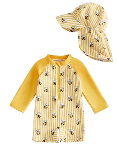 Image of JiAmy Baby Girls Swimming Costume with Sun Hat Long Sleeve Zipper Rash Guard Sun Protection Toddler Baby Swimsuit One Piece Bathing Suits Yellow 12-18 Months
