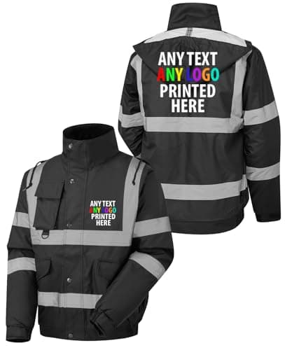 Image of Personalised Hi Vis Bomber Jacket Mens Custom Printed Logo Text Waterproof Hooded Outdoor Safety Workwear