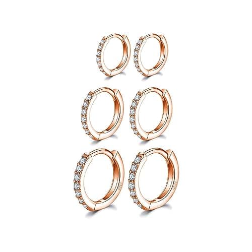 Image of 14K Rose Gold Plated Hoop Earrings, 925 Sterling Silver Post Rose Gold Hoop Earrings with AAA Cubic Zirconia, 3 Pairs Small Sleeper Hoops Huggie Hinged Earrings (8/10/12mm)