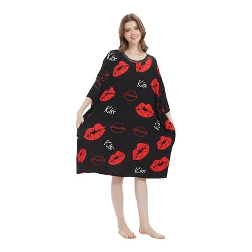 Image of VERTAST Women Oversize Cooling Nightdress Sleep Tee Plus Size Nightshirt Long Nightie Dress Casual Sleepwear With Pockets (Lips)