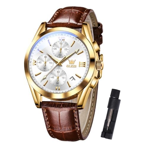 Image of OLEVS Men's Fashion Chronograph Watch Gold-Tone Case Brown Crocodile Leather Strap Quartz Watch Waterproof Date Display Roman Numeral Wristwatch