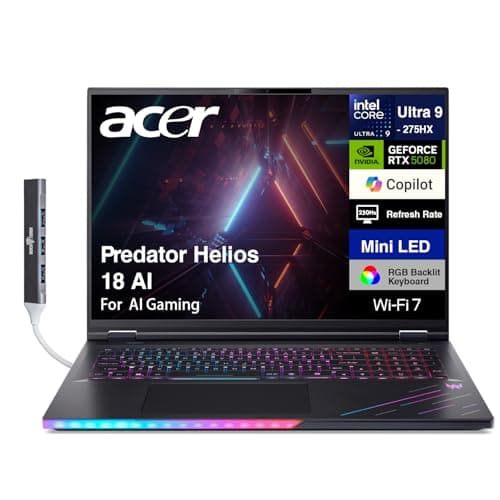 Image of acer Predator Helios 18 AI Gaming Laptop 18" 250Hz 1000 nits Mini-LED WQXGA (Intel Ultra 9-275HX, GeForce RTX 5080 16GB, 32GB DDR5, 1TB SSD, 2 Thunderbolt 5, Win 11 Home) w/DKZ USB Port Expander