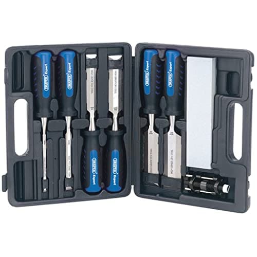 Image of Draper Expert 140mm 8 Piece Wood Chisel Set | Woodworking Hand Tools | Aluminium Oxide Sharpening Stone | 6 to 38mm Blades Carving Tool |Impact Resistant Soft Grip |Honing Guide| 88605