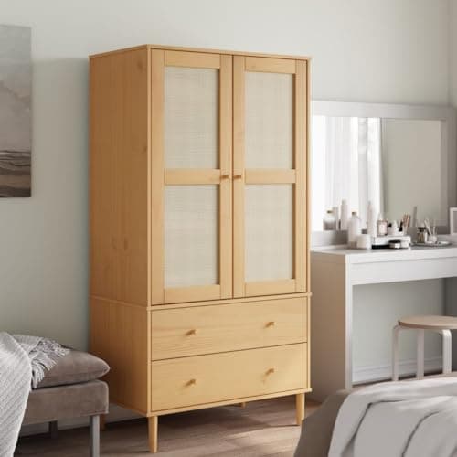 Image of ZEYUAN Wardrobe SENJA Rattan Look Brown 90x55x175 cm Solid Wood Pine,Organizer Wardrobe With Drawers,Bedroom Wardrobe,Shelfwardrobes
