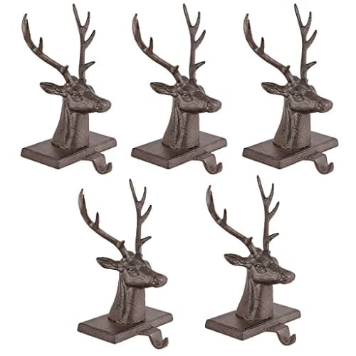 Image of Dibor Set of 5 Stocking Holders Cast Iron Reindeer Christmas Stocking Holder Hanging Hooks - 1.5kg Recycled Metal Xmas Stocking Holder