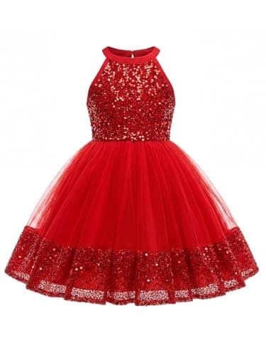 Image of JiAmy Girls Sequin Tulle Dress Elegant Halter Neck Party Gown Dresses for Kids Special Occasions Weddings Proms 6-7 Years Red