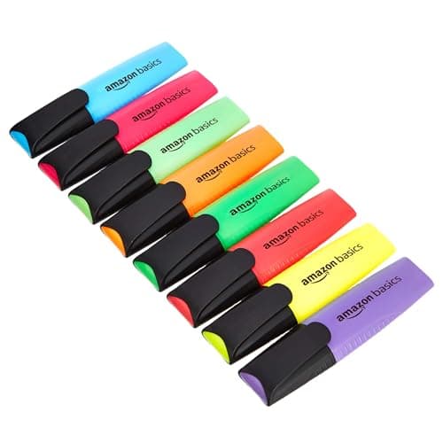 Image of Amazon Basics Highlighters Set of 8, Smudge Proof, Durable Chisel Tip, Line Width 2-5 mm, Pens for Adults and Kids, Multicolour