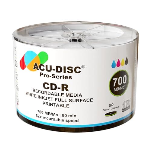 Image of ACU-DISC Pro-Series CD-R 52x Speed 700MB 80 Minute Full Face Brilliant White Inkjet Printable Blank Discs 13679 – 50 Pack