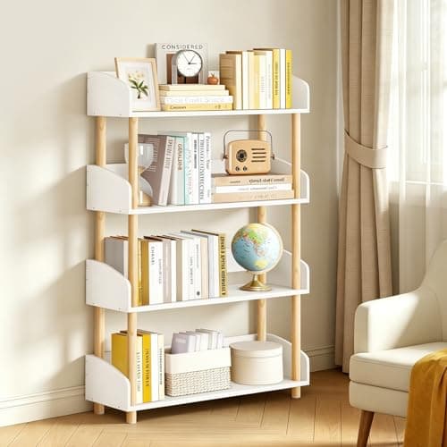 Image of OUTONLIFE 4-Tier Wooden Open Bookcase, Modern Display Bookshelf with Solid Wood Frame and Rounded Corner Design, Storage Organizer for Living Room, Bedroom, Home Office, Balcony (White)