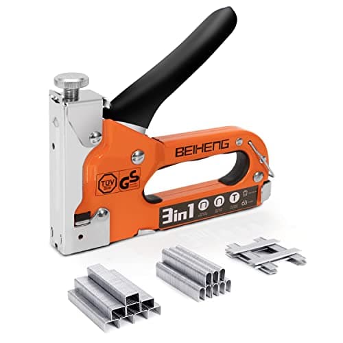 Image of Heavy Duty Staple Gun, BeiHeng 3 in 1 Upholstery Staple Nail Steel Gun with 1200 Staples, Manual Brad Nailer Power Adjustment Stapler Gun for Wood, Crafts, Carpentry, Decoration DIY