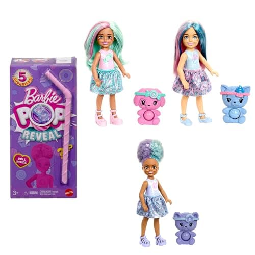 Image of Barbie Chelsea Pop Reveal Doll Set, Treat Series with 5 Surprises Including Scented Small Doll, Pop-It Pet & Color Change (Styles May Vary), JFY01