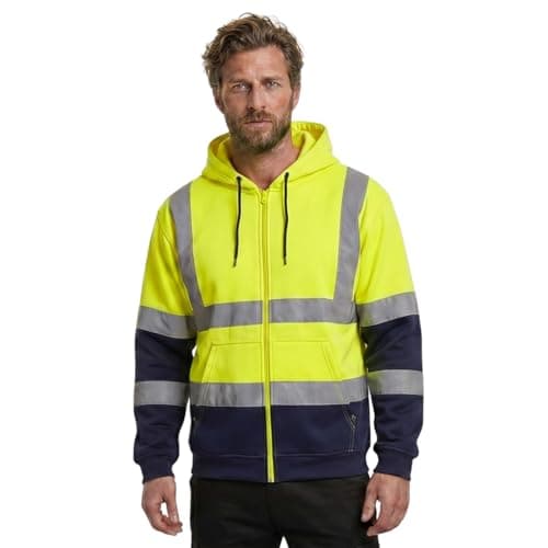 Image of Hi Vis Viz Zip Hoodie Fleece Jacket Men Full Zip High Visibility Workwear Sweatshirt Reflective Tape Safety Hooded Jumper Yellow Navy 4XL