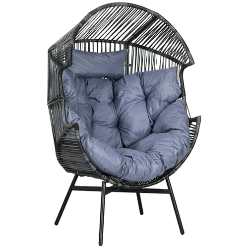 Image of Outsunny Garden Egg Chair with 14cm Thick Seat Cushion, PE Rattan Leisure Chair with Comfortable Headrest, Adjustable Feet, Steel Frame, Mixed Grey