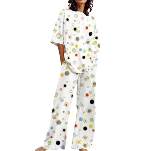 Image of Pyjama Set For Women Floral Printing Short Sleeve Tops & Wide Leg Bottoms Loungewear Ladies Nightwear Sleepwear Baggy Pyjama Co Ord Set Lightweight Soft Cozy 2 Piece Pj Sets Homewear White