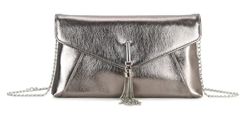 Image of LeahWard Evening Clutch Purse, Chain Strap, Tassel Detail, Envelope Design (Pewter)