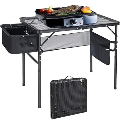 Image of REDCAMP Folding BBQ Table, 2-Height Adjustable Aluminum Camping Table with Sink Side Pockets & Storage Mesh, Portable Grill Stand for Outdoor Cooking Picnic RV Fishing, 90x50cm, Black