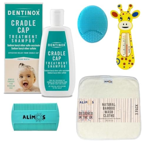 Image of Alimos Baby Bath Silicone Brush & Fine Tooth Comb Bundled With Dentinox Cradle Cap Treatment Shampoo 125 milliliters, Bamboo Wash Cloths (3 Pack) and Bath Thermometer