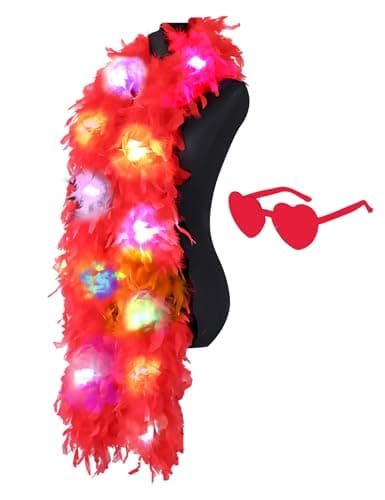 Image of Colorful Feather Boas, 6.6ft Boa with 20 Color LED Lights for Women for Dancing Wedding Party Halloween,with Heart Sunglasses (Red)
