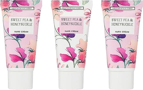 Image of Heathcote & Ivory Hand Cream 3x 30ml, Hands and Nail Moisturiser with Shea Butter, Sweet Pea and Honeysuckle Scent, Pocket and Travel Size, Vegan and Cruelty Friendly, Beauty Gift For Her