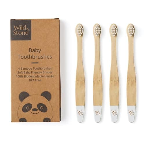 Image of Wild & Stone Organic Baby Bamboo Toothbrush | 4 Pack | Soft Fibre Bristles | 100% Biodegradable Handle | BPA Free | Vegan Eco Friendly Baby Toothbrushes (White)