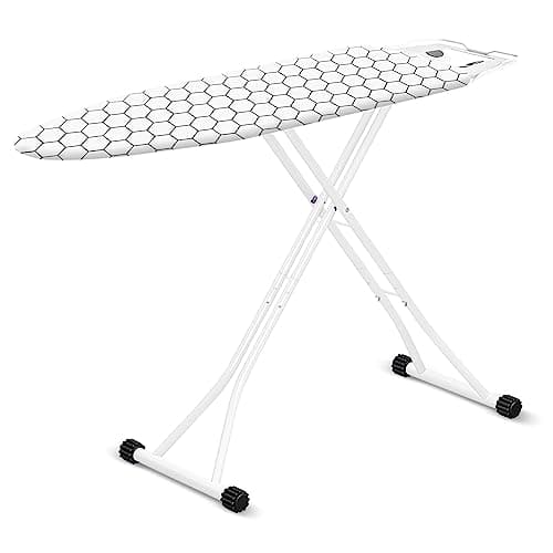 Image of Hibtn Ironing Board, 110 x 35cm - T Leg Design Folding Non Slip Adjustable Height 85-92cm Lightweight Iron Board Rack, Black and White Stripes
