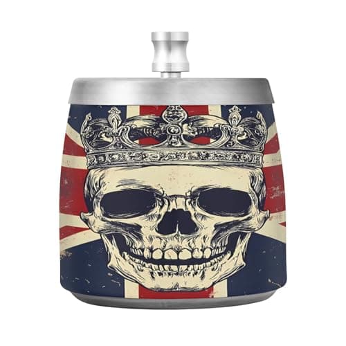 Image of Skull British Flag Ashtray with Lid, Windproof Cigarette Ash Tray for Outdoor Indoor, Stainless Steel Ashtray for Home Office Balcony