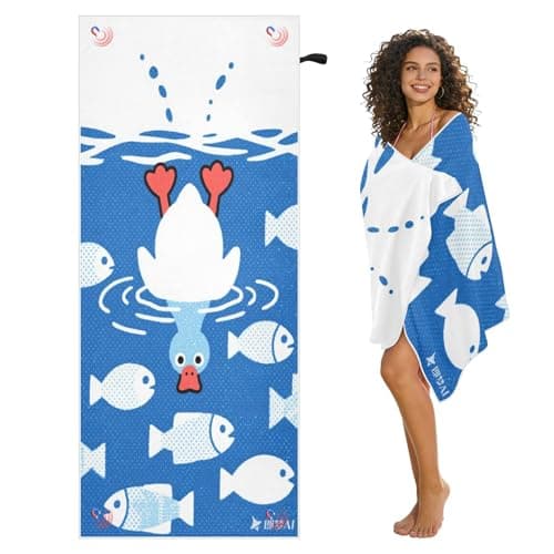 Image of siphylline Cute Cartoon White Duck Magnetic Bath Towels Beach 75" x 30" Built-in Magnets Lightweight Yoga Towels for Women, Travel, Camping & Vacation with Storage Bag