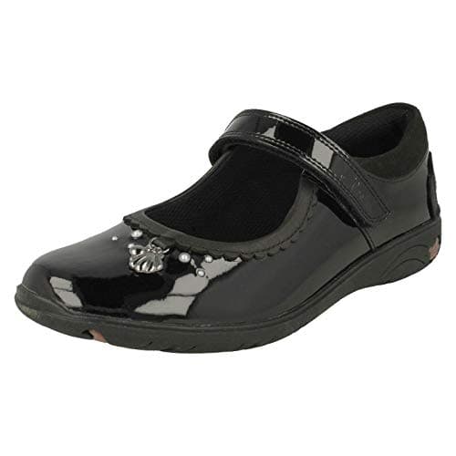 Image of Clarks Girls Shell Detailed School Shoes Sea Shimmer K - Black Patent - UK Size 1H - EU Size 33 - US Size 1.5XW