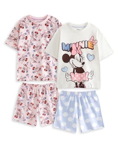 Image of Disney Minnie Mouse Girls Pink & Blue Short Sleeve Pyjama Set | Multi-Pack of 2 Short Leg Sleepwear | Polkadot & Character Print Loungewear Merch - 2-3 Years