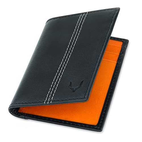 Image of PELLE TORO Minifold Leather Credit Card Holder Wallet for Men, Thin RFID Blocking Contactless Card Protector, Handmade Minimalist Slim Wallet in Mens Gift Box, Black & Orange
