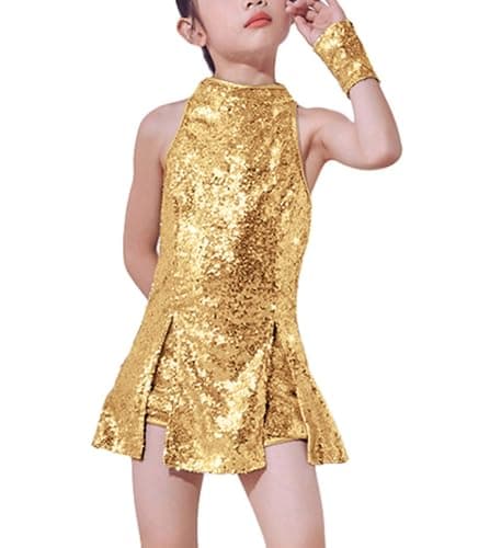 Image of LOLANTA Girls Sequins Jazz Dance Costume Child Sparkle Mini Dress Hip Hop Dance Clothes Set Top+Pants+Socks, Gold, 10-11 Years, 150