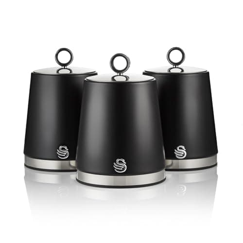 Image of Swan Serenity Set of 3 Kitchen Storage Canisters for Tea, Coffee, and Sugar with Smooth Matte Finish and Stainless Steel Accents, 1.3L, Black