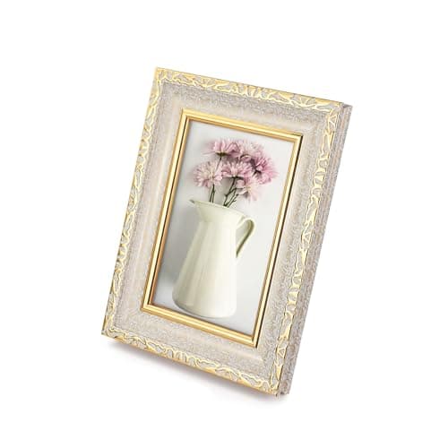 Image of Andiker 4x6 Photo Frame, White Gold Retro 6x4 Picture Frame with Relief and Rose Fine Pattern Border Design, Picture Frames with Mount for Wall or Tabletop Hanging for Home Weddings (White, 4X6)