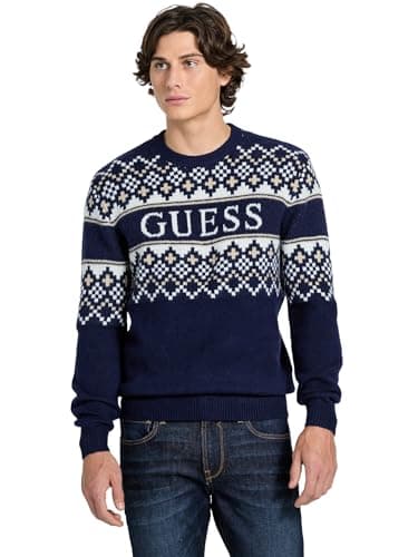 Image of GUESS Nordic Wool-Blend Logo Sweater, Bleu Elegant, Medium