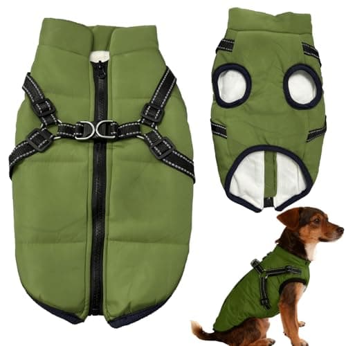 Image of Dog Coat Waterproof with Harness, Winter Warm Fleece Jacket for Medium Large Dogs, Reflective Windproof Puppy Snowsuit(Army Green-L)