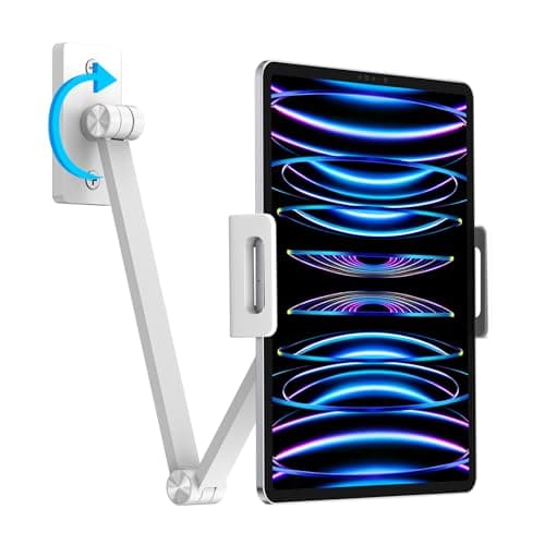 Image of BEWISER Wall iPad Mount,Tablet Arm Stand Holder,Swivel 360 Rotating Base,Aluminium Alloy Compatible with 4.7-12.9 inch Pad,Phone,Kindle,Galaxy Tab,White