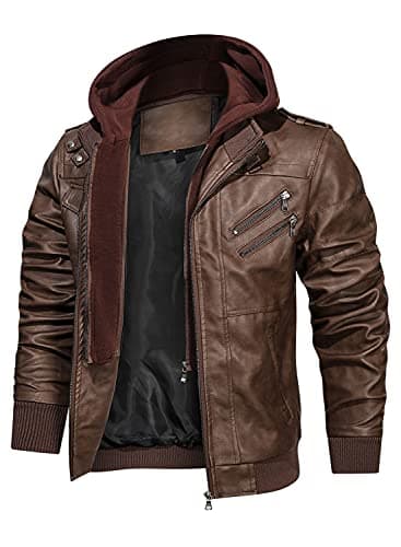 Image of HOOD CREW Men’s PU Faux Leather Motorcycle Bomber Jacket With a Removable Hood Brown M