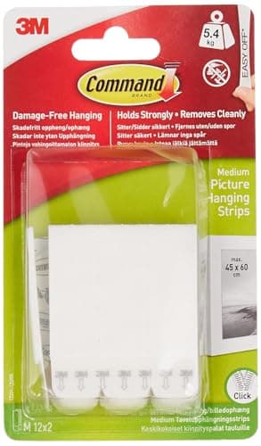 Image of Command Picture Hanging Strips, Standard - 12 Pairs (24 Strips) Adhesive Strips, White - Damage Free Hanging for Pictures, Frames, Mirrors, Wall décor and Signs - Holds up to 5 kg
