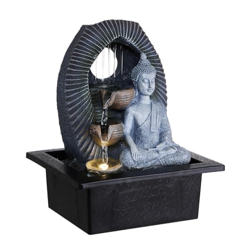 Image of BTGGG Indoor Water Fountain Stone Buddha Tabletop Water Feature with LED Light Candle 21 * 17.5 * 25CM Feng shui Meditation Zen Fountain for Relaxing Indoor Decoration, 3 Pin UK Plug Included