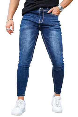 Image of GINGTTO Mens Stretch Jeans Casual Smart Super Skinny Jean Dark Blue Pants Slim Fit Denim Trousers 34 Waist 30 Leg