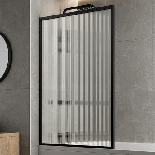 Image of LUXURA® 800 x 1400mm Matt Black Square Framed Fluted Over Bath Shower Screen 6mm Toughened Safety Glass Panels Bathroom Reversible Screen