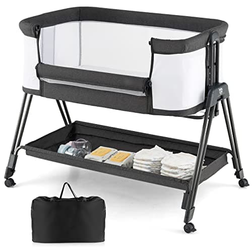 Image of COSTWAY Baby Bedside Crib, Easy Folding Cot Bed with Mattress, All-Side Mesh, Storage Shelf and Travel Bag, Height Adjustable Newborn Sleeper for Birth to 9kg (Dark Grey)