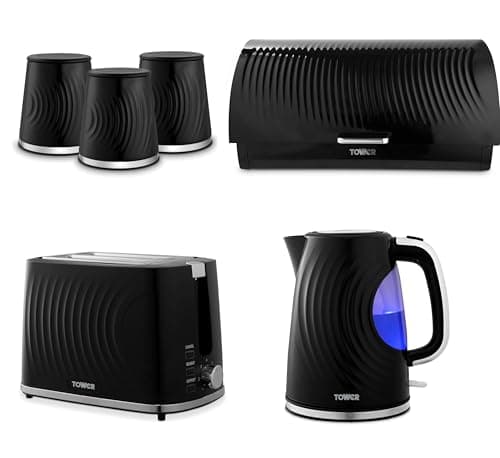 Image of Tower Sonar Black 1.7L 3KW Kettle, 2 Slice Toaster, Bread Bin and Tea, Coffee, Sugar Canisters. Stylish Matching Kitchen Set of 6 in Black, Embossed with a Beautiful Ripple Design