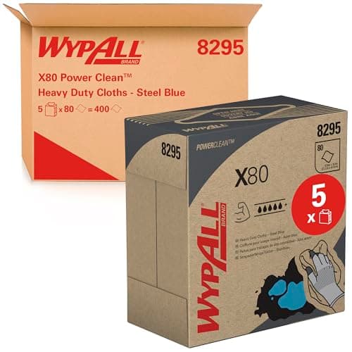 Image of WypAll X80 Power Clean Blue Cleaning Cloths 8295 - Reusable Cloths - 5 POP-UP Boxes x 80 Blue Absorbent Cloths (400 Total)
