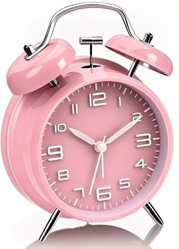 Image of YsyYey Pink Alarm Clock, Twin Bell Alarm Clock, Extra Loud for Heavy Sleepers, No Ticking, Battery Operated with Night Light, Vintage Metal Bedside Clock for Girls, Mom Gifts