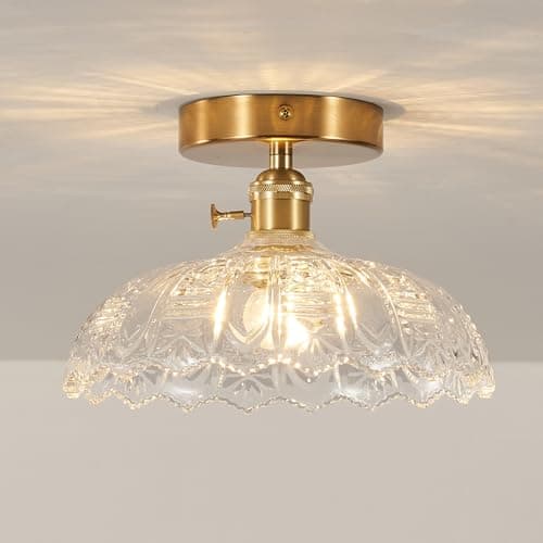 Image of BCGMYLN Semi Flush Mount Ceiling Light, Gold Vintage Hallway Light Fixture with Clear Water Lily Glass Lampshade Brass Modern Ceiling Light Fixtures for Porch Kitchen Bedroom Hallway